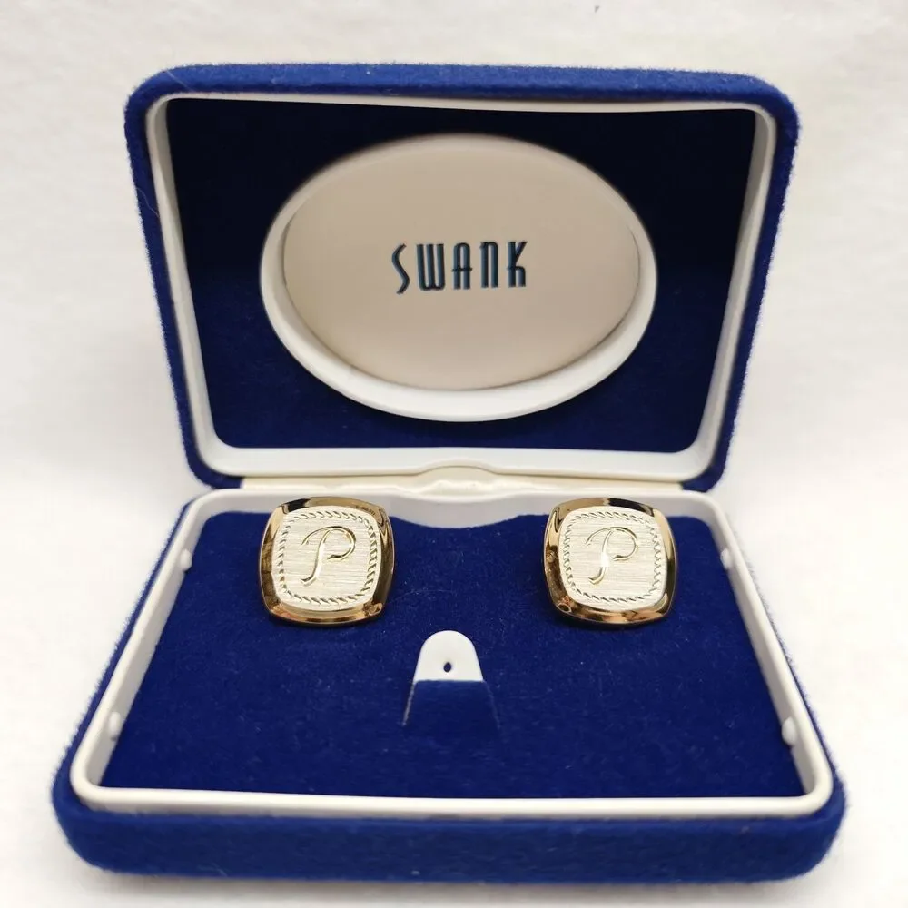 Vintage Swank Gold Tone Initial P Cufflinks Monogram Letter Blue Box Set Wedding